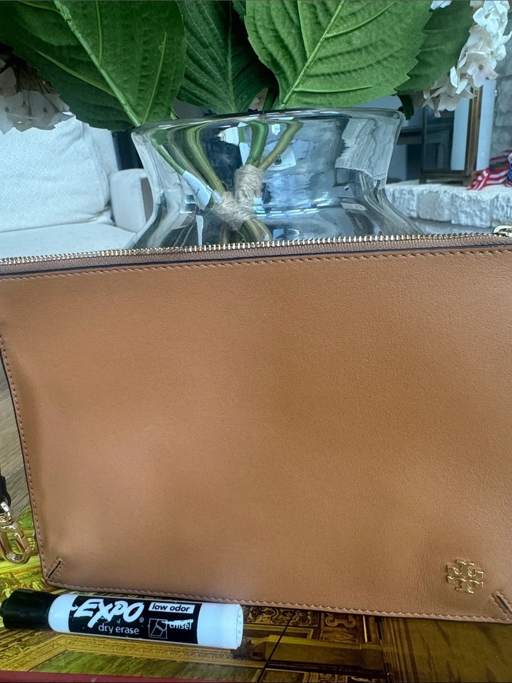 Tory Burch Cognac Leather Wristlet with Gold Hardware